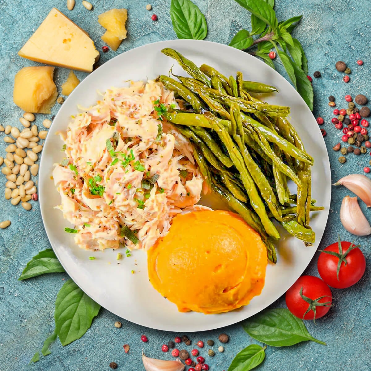 Shredded Herbed Chicken with Butternut Squash Mash & Green Bean Almondine