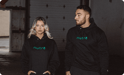 Two ambassadors wearing Nutré branded hoodies